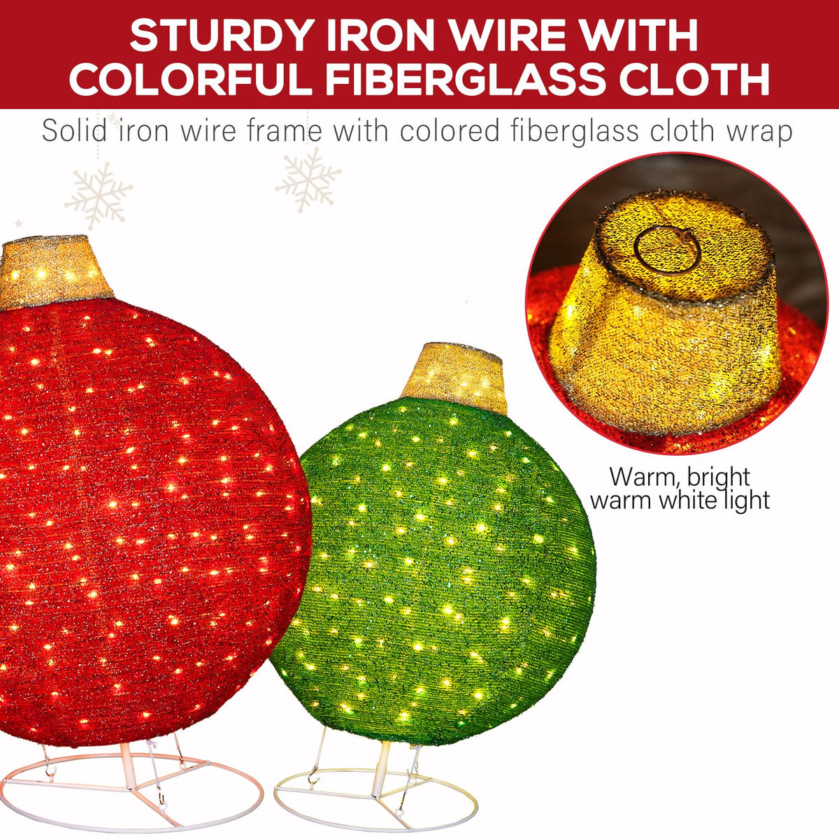 2 Pack 30" & 24" Pop-Up Iron Christmas Ornament Set, 230 Warm White LEDs with UL Transformer, 8 Light Functions & 18H Timer