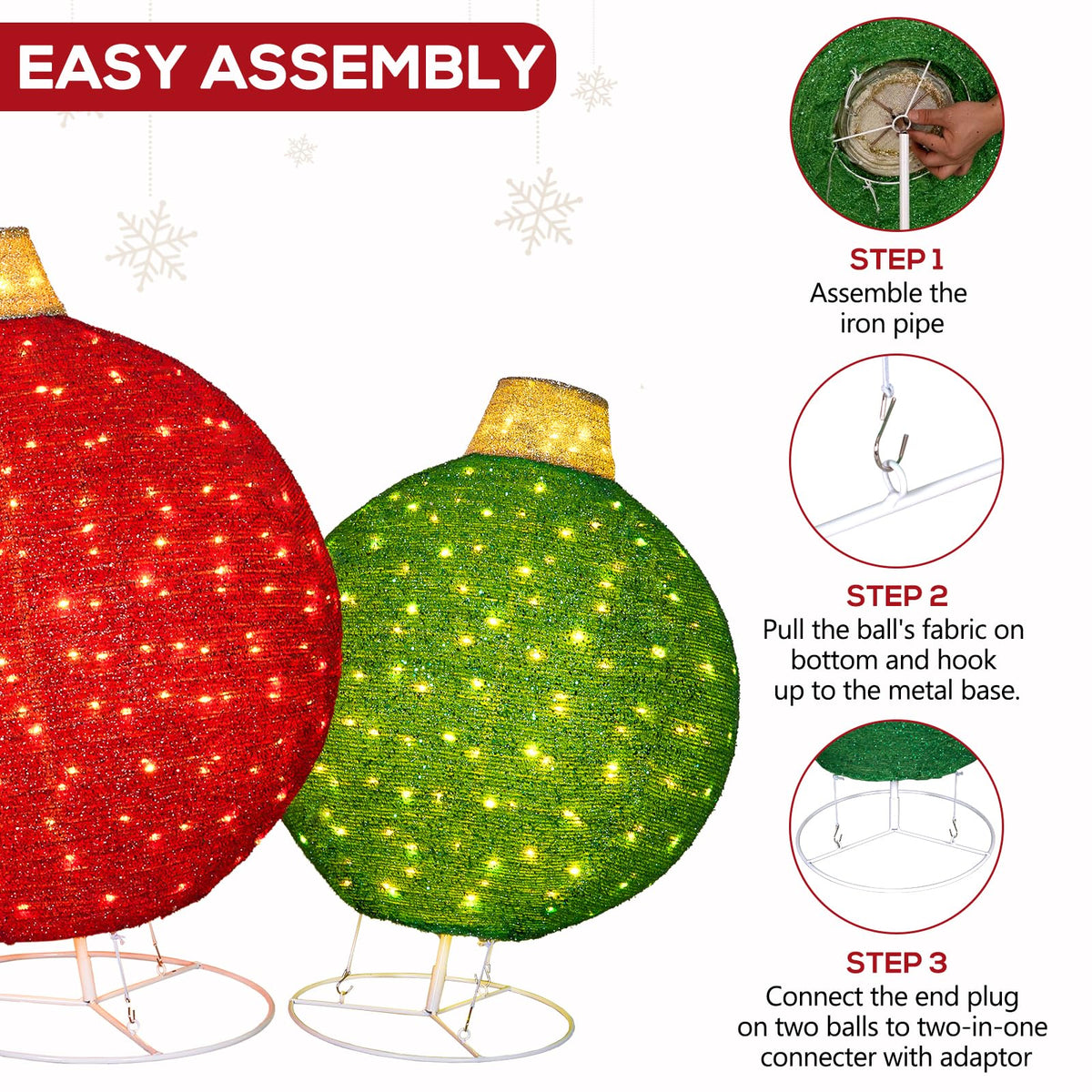 2 Pack 30" & 24" Pop-Up Iron Christmas Ornament Set, 230 Warm White LEDs with UL Transformer, 8 Light Functions & 18H Timer