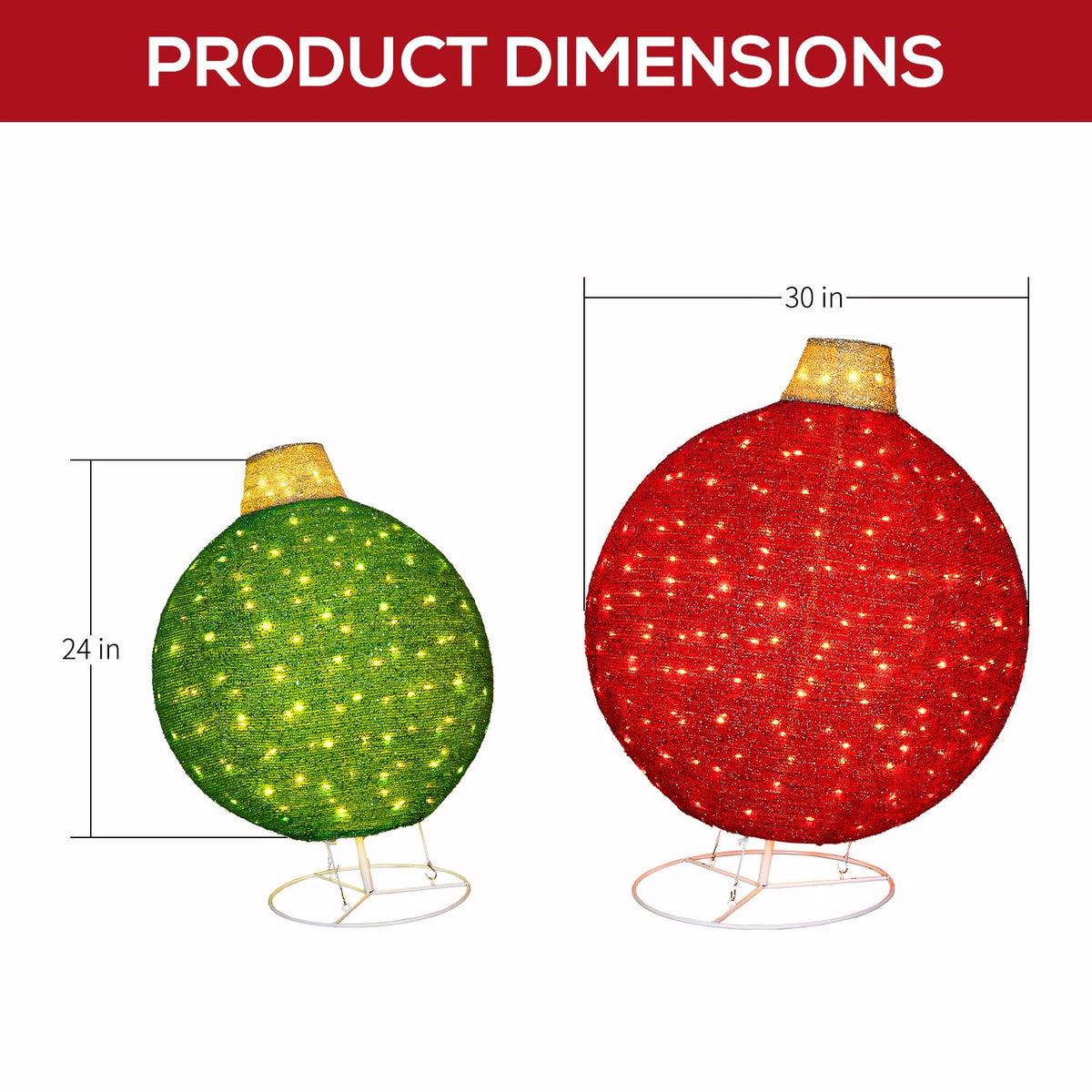 2 Pack 30" & 24" Pop-Up Iron Christmas Ornament Set, 230 Warm White LEDs with UL Transformer, 8 Light Functions & 18H Timer