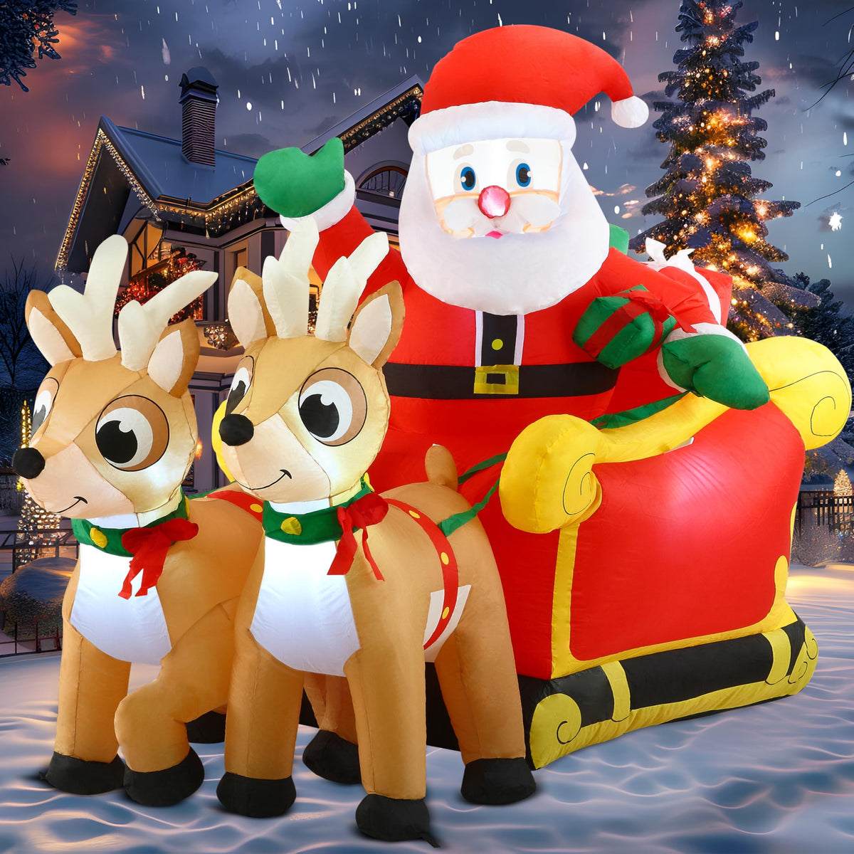 FT Long Christmas Inflatable Santa on Sleigh with 2 Reindeer, Inflatable Christmas Yard Decorations with Build-in LED, Blow Up