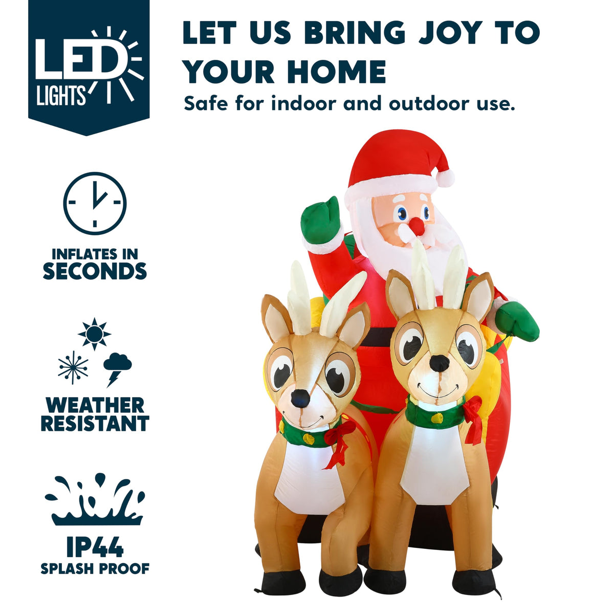 FT Long Christmas Inflatable Santa on Sleigh with 2 Reindeer, Inflatable Christmas Yard Decorations with Build-in LED, Blow Up