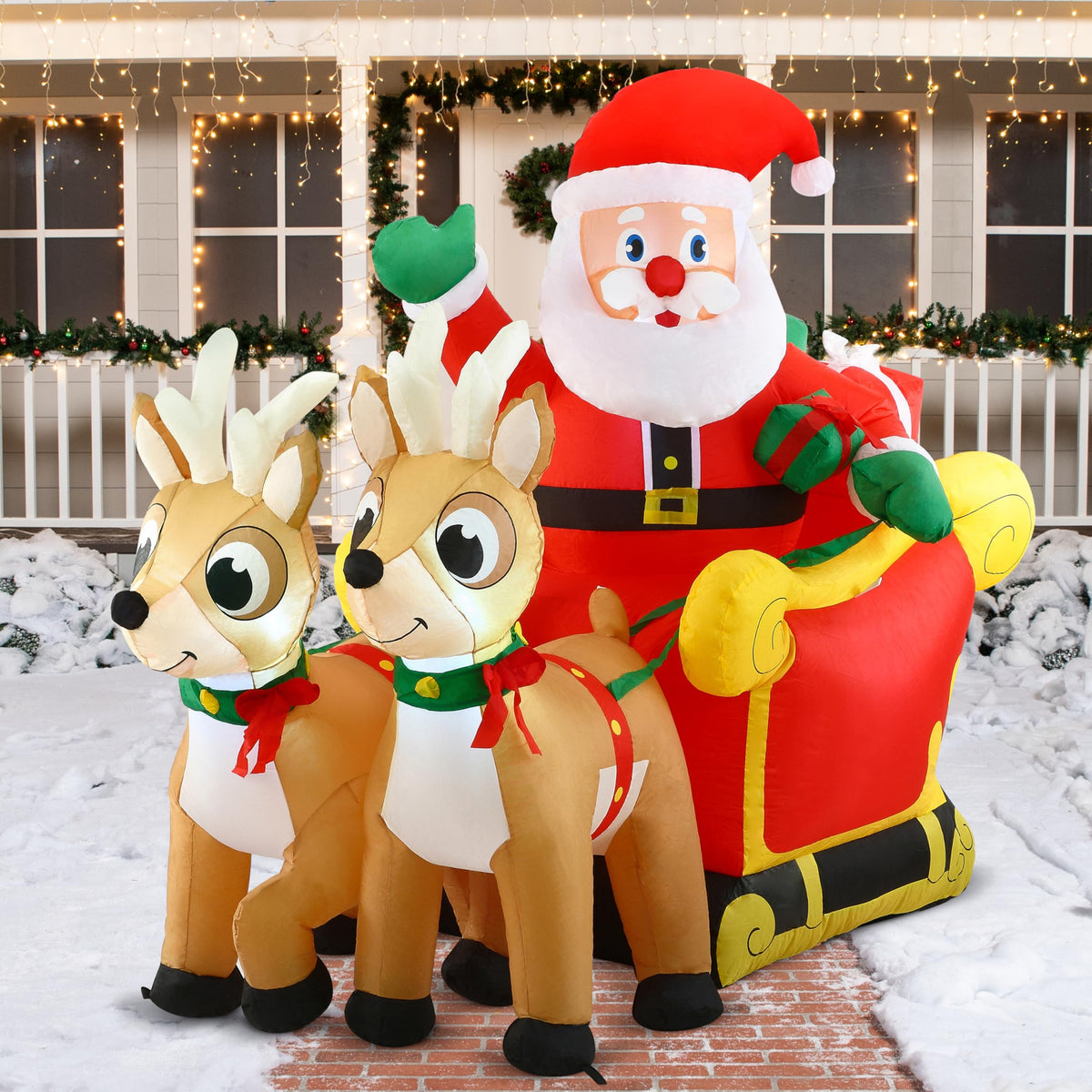 FT Long Christmas Inflatable Santa on Sleigh with 2 Reindeer, Inflatable Christmas Yard Decorations with Build-in LED, Blow Up