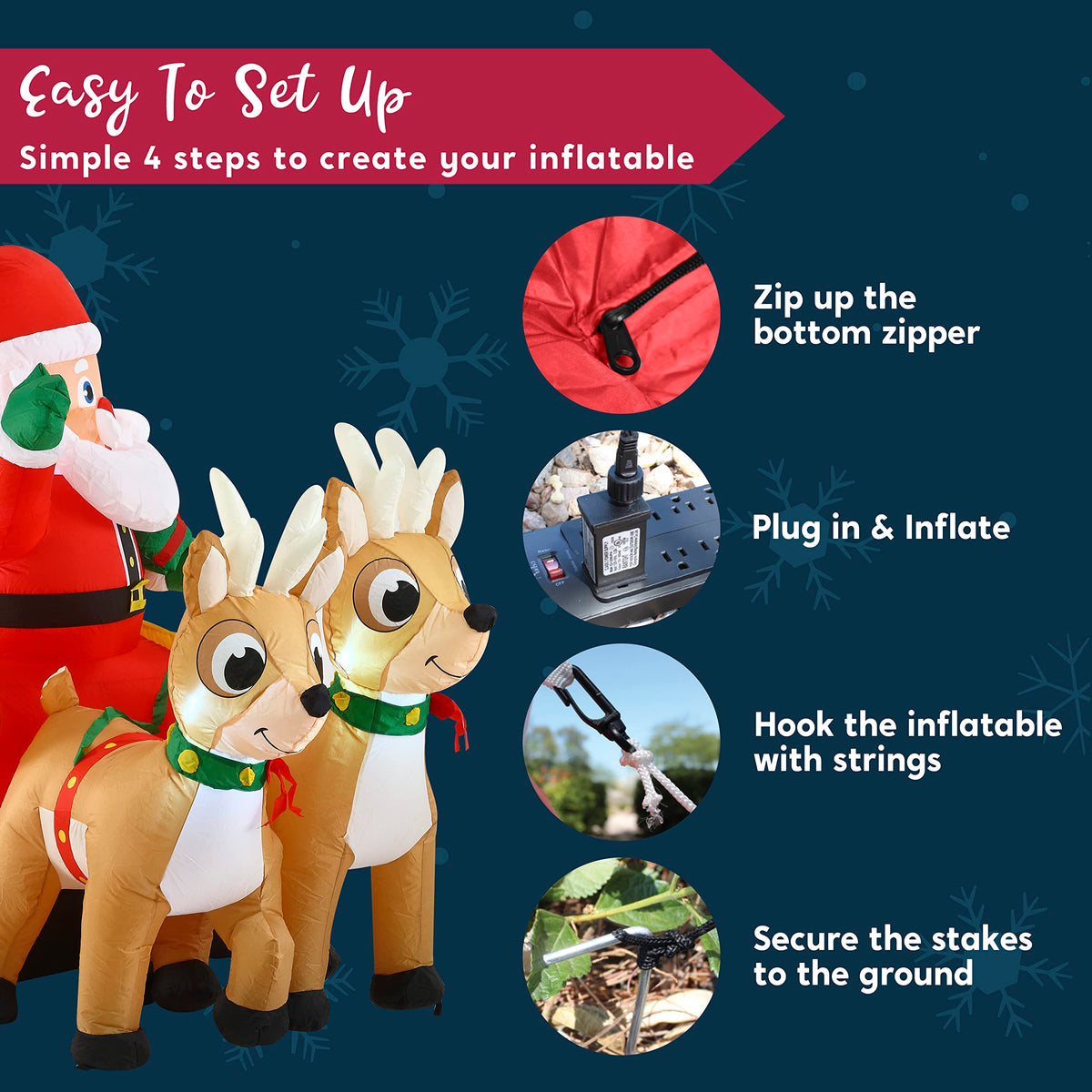 FT Long Christmas Inflatable Santa on Sleigh with 2 Reindeer, Inflatable Christmas Yard Decorations with Build-in LED, Blow Up