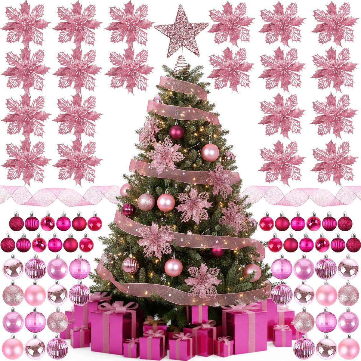 Skylety 104 Pcs Christmas Tree Decorations Set, Red and Gold