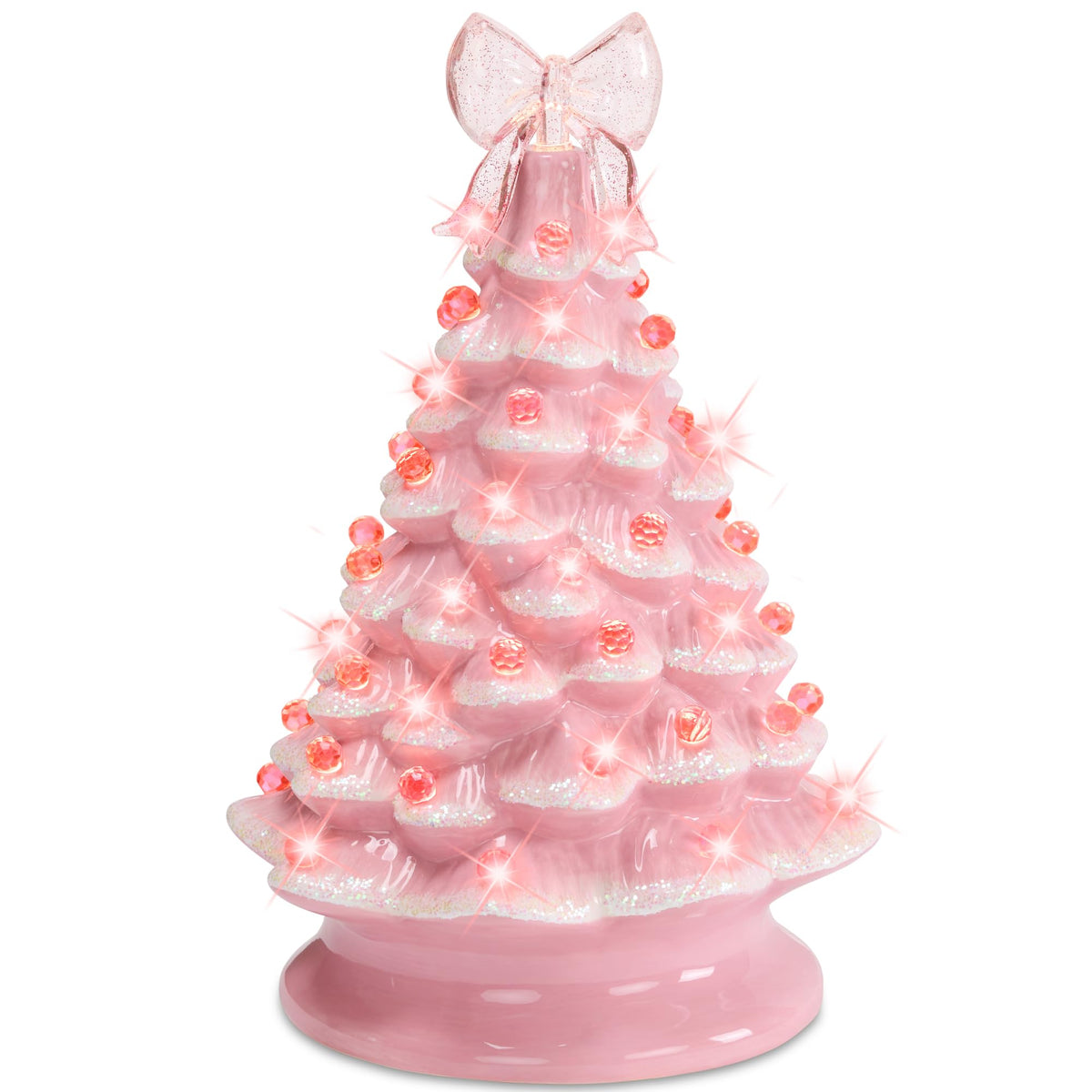 15in Ceramic Christmas Tree, Pre-lit Hand-Painted Tabletop Holiday Tree, Star Topper, 64 Lights