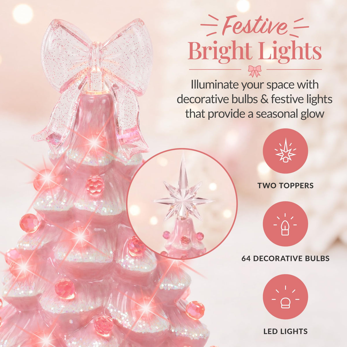 15in Ceramic Christmas Tree, Pre-lit Hand-Painted Tabletop Holiday Tree, Star Topper, 64 Lights