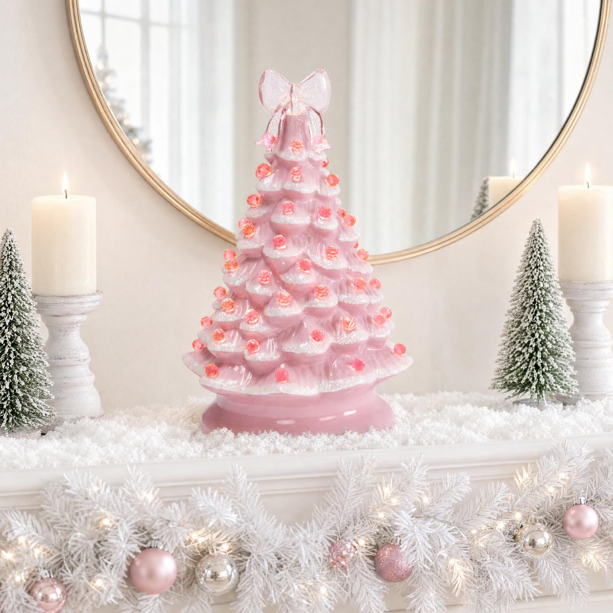 15in Ceramic Christmas Tree, Pre-lit Hand-Painted Tabletop Holiday Tree, Star Topper, 64 Lights
