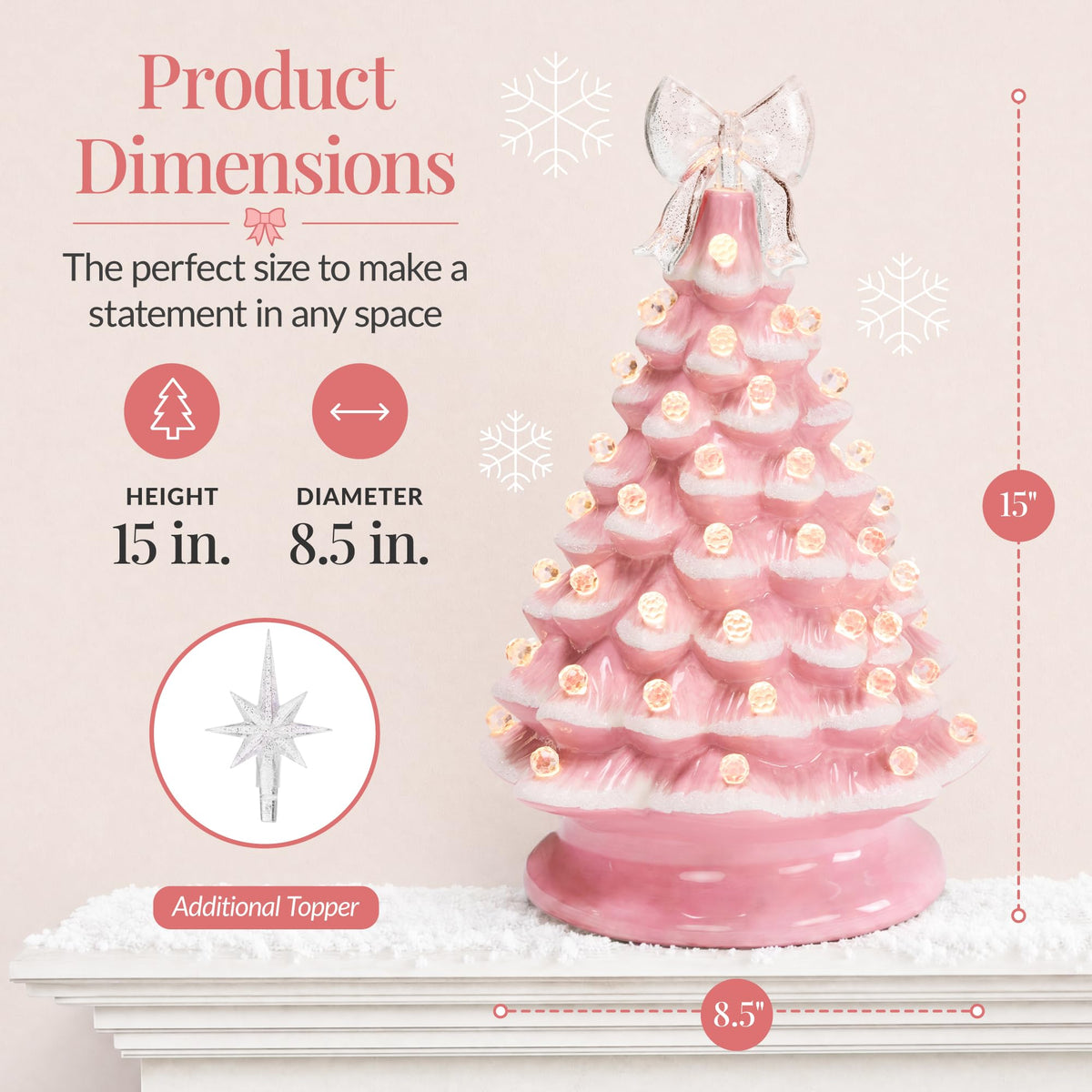 15in Ceramic Christmas Tree, Pre-lit Hand-Painted Tabletop Holiday Tree, Star Topper, 64 Lights
