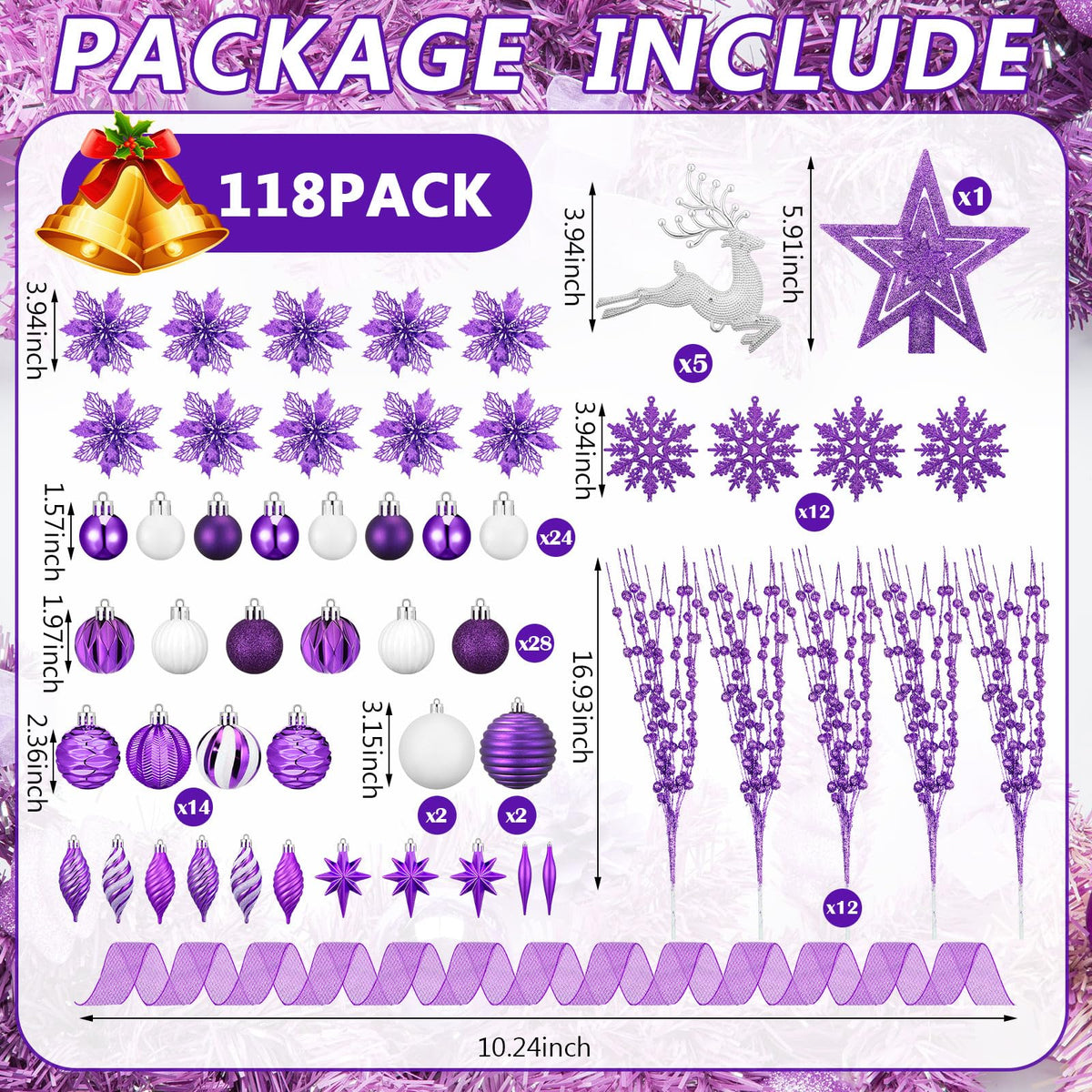 CroBlissful 118 Pcs Christmas Tree Ornaments  , Berries Stems for Xmas Trees Holiday Decor(Gold)