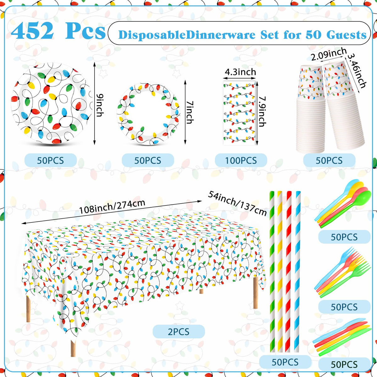 452 Pcs Christmas Party Decorations for 50 Guests,  Set for Xmas Holiday Party Supplies