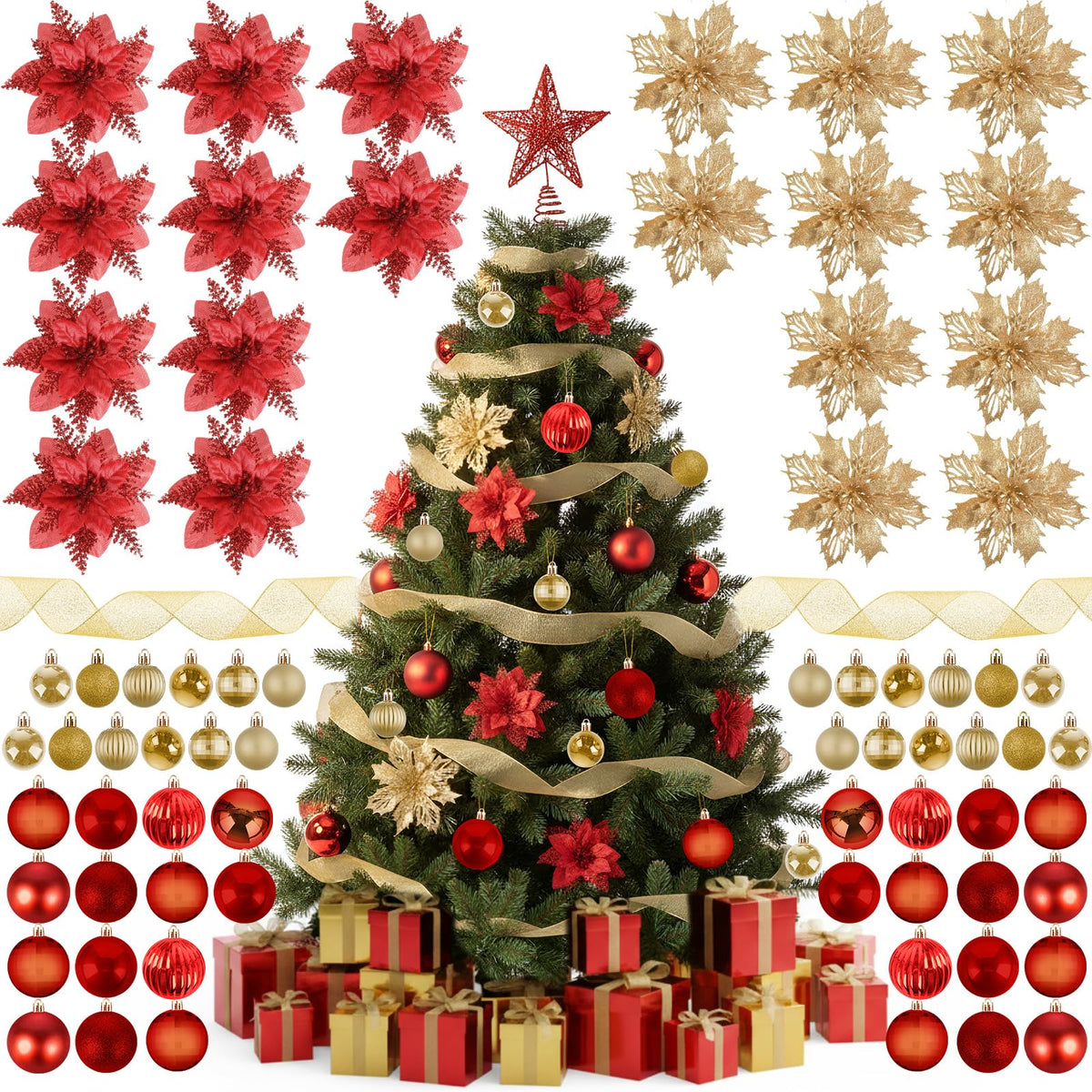 Skylety 104 Pcs Christmas Tree Decorations Set, Red and Gold