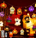 Halloween String Lights with USB-Powered Decoration Featuring Mummies, Ghosts, Spiders,Witch, Skeletons, Witches, Black Cats-Cute Indoor Party Ornaments for Festive Decoration.