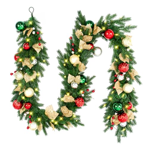 9 FT Pre-Lit Christmas Garland with 80 Warm White LED Lights and Timer, Battery Operated Artificial PE & PVC