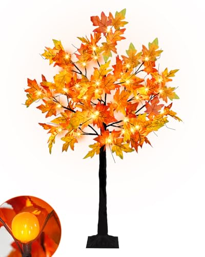 Fall Lighted Maple Trees with 48 LEDs Lights 12 Pumpkins Fake Fall Light Up Tree Artificial Autumn Maple