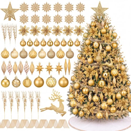 CroBlissful 118 Pcs Christmas Tree Ornaments  , Berries Stems for Xmas Trees Holiday Decor(Gold)