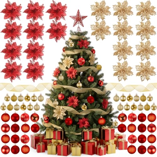 Skylety 104 Pcs Christmas Tree Decorations Set, Red and Gold