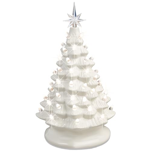 15in Ceramic Christmas Tree, Pre-lit Hand-Painted Tabletop Holiday Tree, Star Topper, 64 Lights