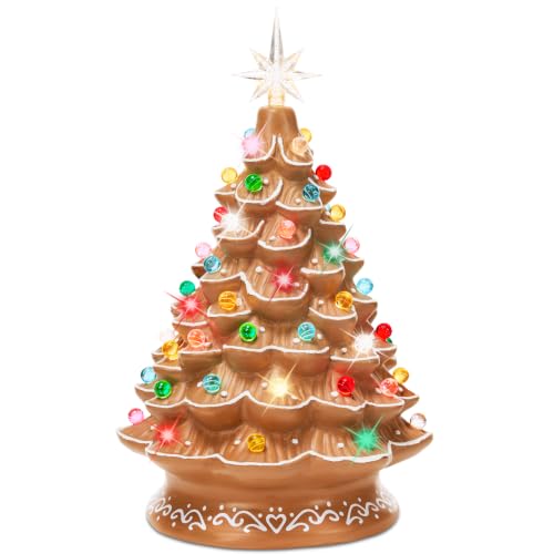 15in Ceramic Christmas Tree, Pre-lit Hand-Painted Tabletop Holiday Tree, Star Topper, 64 Lights