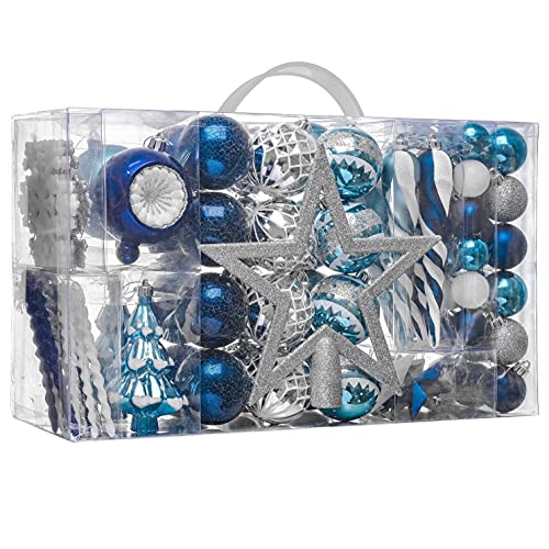 100ct Christmas Tree Decorations Ball Ornaments Set Medium Navy Blue and Silver Shatterproof Christmas Decorations Set, Winter Wonderland Hanging Ornaments for Xmas Holiday Decor