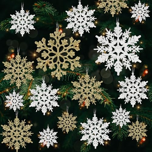 Glitter Snowflake Ornaments for Christmas Tree Decorations  gold, plastic, craft, various sizes, shatterproof, for indoor winter wonderland, Christmas party decoration