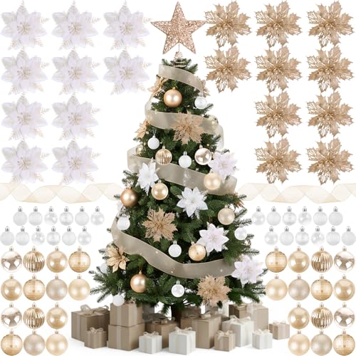 Skylety 104 Pcs Christmas Tree Decorations Set, Red and Gold