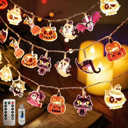 Halloween String Lights with USB-Powered Decoration Featuring Mummies, Ghosts, Spiders,Witch, Skeletons, Witches, Black Cats-Cute Indoor Party Ornaments for Festive Decoration.