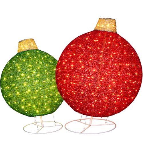 2 Pack 30" & 24" Pop-Up Iron Christmas Ornament Set, 230 Warm White LEDs with UL Transformer, 8 Light Functions & 18H Timer
