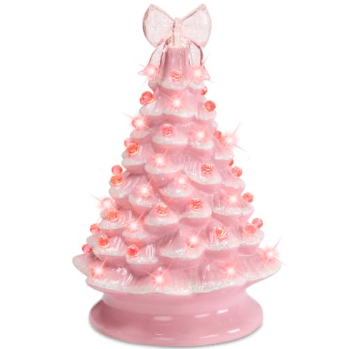 15in Ceramic Christmas Tree, Pre-lit Hand-Painted Tabletop Holiday Tree, Star Topper, 64 Lights