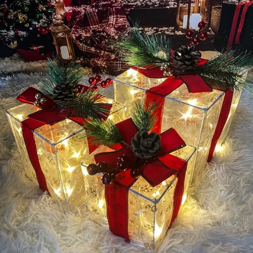 Christmas Decorations Indoor: Set of 3 Christmas Lighted Gift Boxes