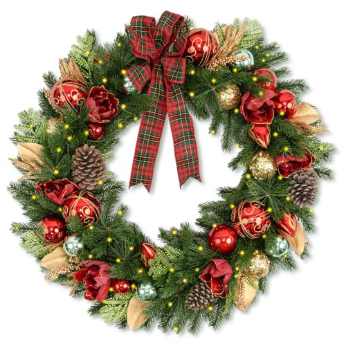 9 FT Pre-Lit Christmas Garland with 80 Warm White LED Lights and Timer, Battery Operated Artificial PE & PVC