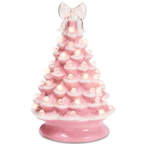 15in Ceramic Christmas Tree, Pre-lit Hand-Painted Tabletop Holiday Tree, Star Topper, 64 Lights