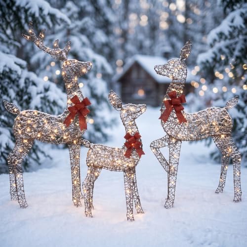 3-Piece 2D Lighted Christmas Deer Family Set - Large Outdoor Yard Reindeer Holiday