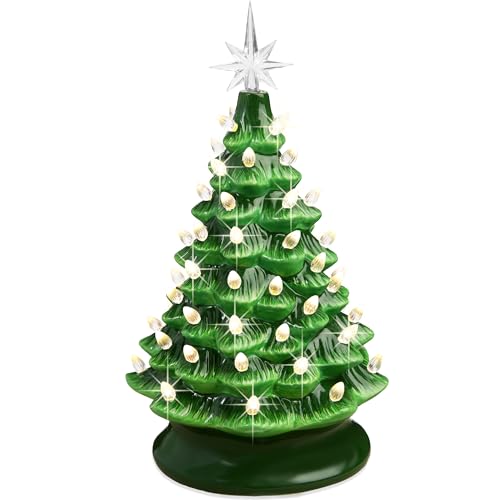 15in Ceramic Christmas Tree, Pre-lit Hand-Painted Tabletop Holiday Tree, Star Topper, 64 Lights