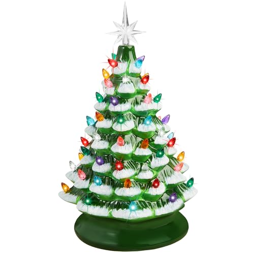 15in Ceramic Christmas Tree, Pre-lit Hand-Painted Tabletop Holiday Tree, Star Topper, 64 Lights
