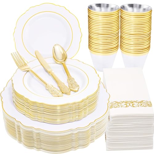 350Piece Gold Dinnerware Set for 50 Guests  Silverware for Wedding/Birthday