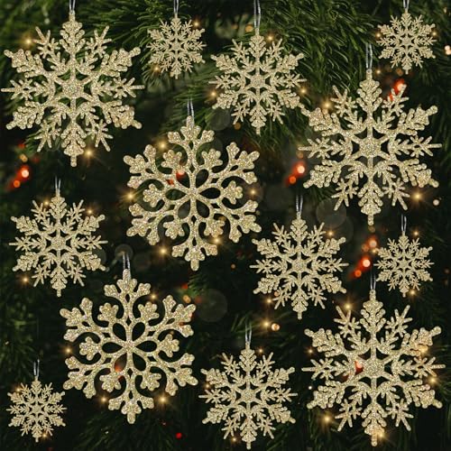 Glitter Snowflake Ornaments for Christmas Tree Decorations  gold, plastic, craft, various sizes, shatterproof, for indoor winter wonderland, Christmas party decoration