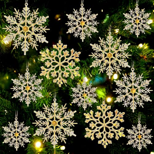 Glitter Snowflake Ornaments for Christmas Tree Decorations  gold, plastic, craft, various sizes, shatterproof, for indoor winter wonderland, Christmas party decoration