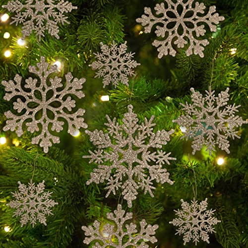 Glitter Snowflake Ornaments for Christmas Tree Decorations  gold, plastic, craft, various sizes, shatterproof, for indoor winter wonderland, Christmas party decoration
