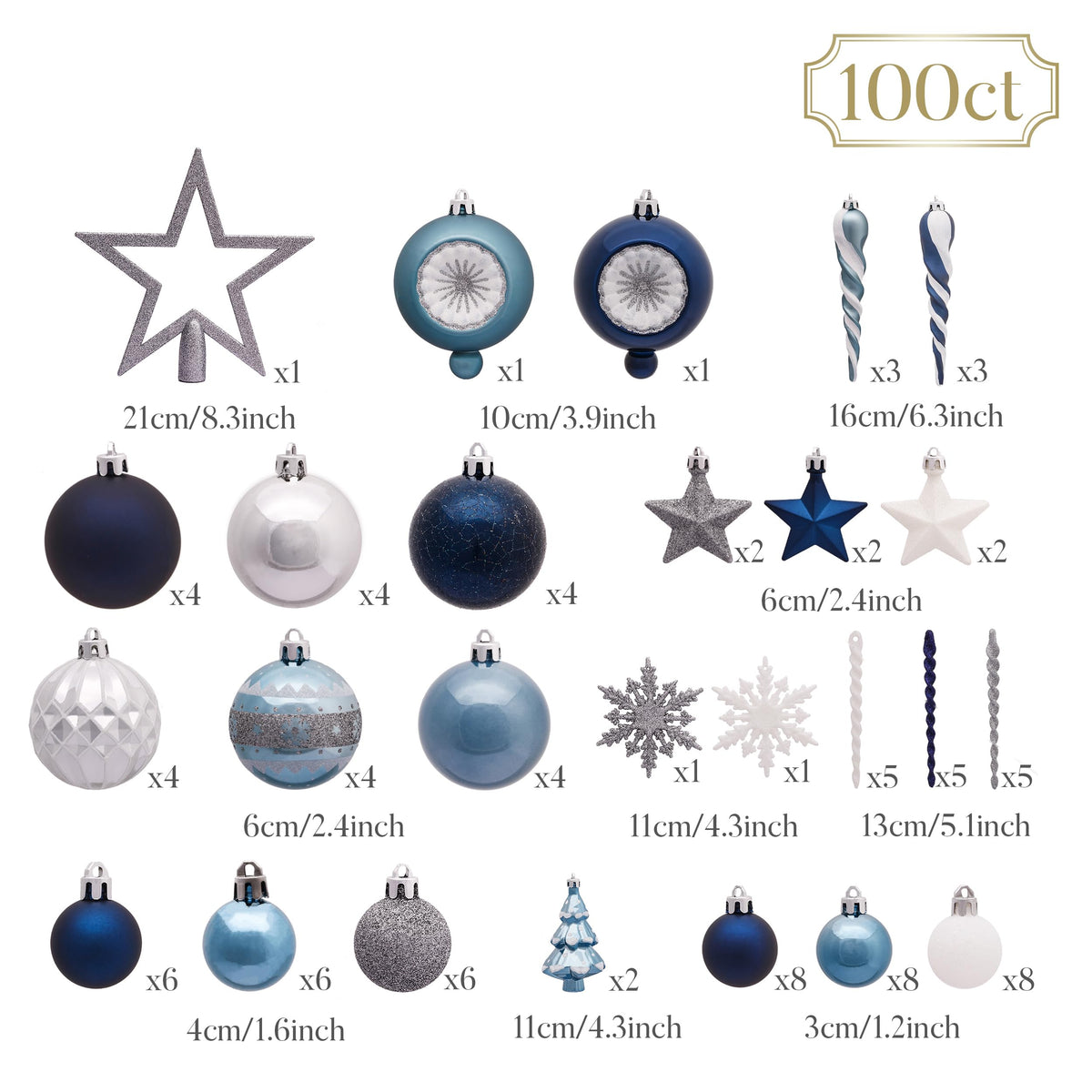 100ct Christmas Tree Decorations Ball Ornaments Set Medium Navy Blue and Silver Shatterproof Christmas Decorations Set, Winter Wonderland Hanging Ornaments for Xmas Holiday Decor
