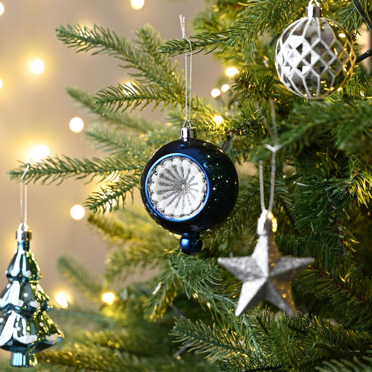 100ct Christmas Tree Decorations Ball Ornaments Set Medium Navy Blue and Silver Shatterproof Christmas Decorations Set, Winter Wonderland Hanging Ornaments for Xmas Holiday Decor
