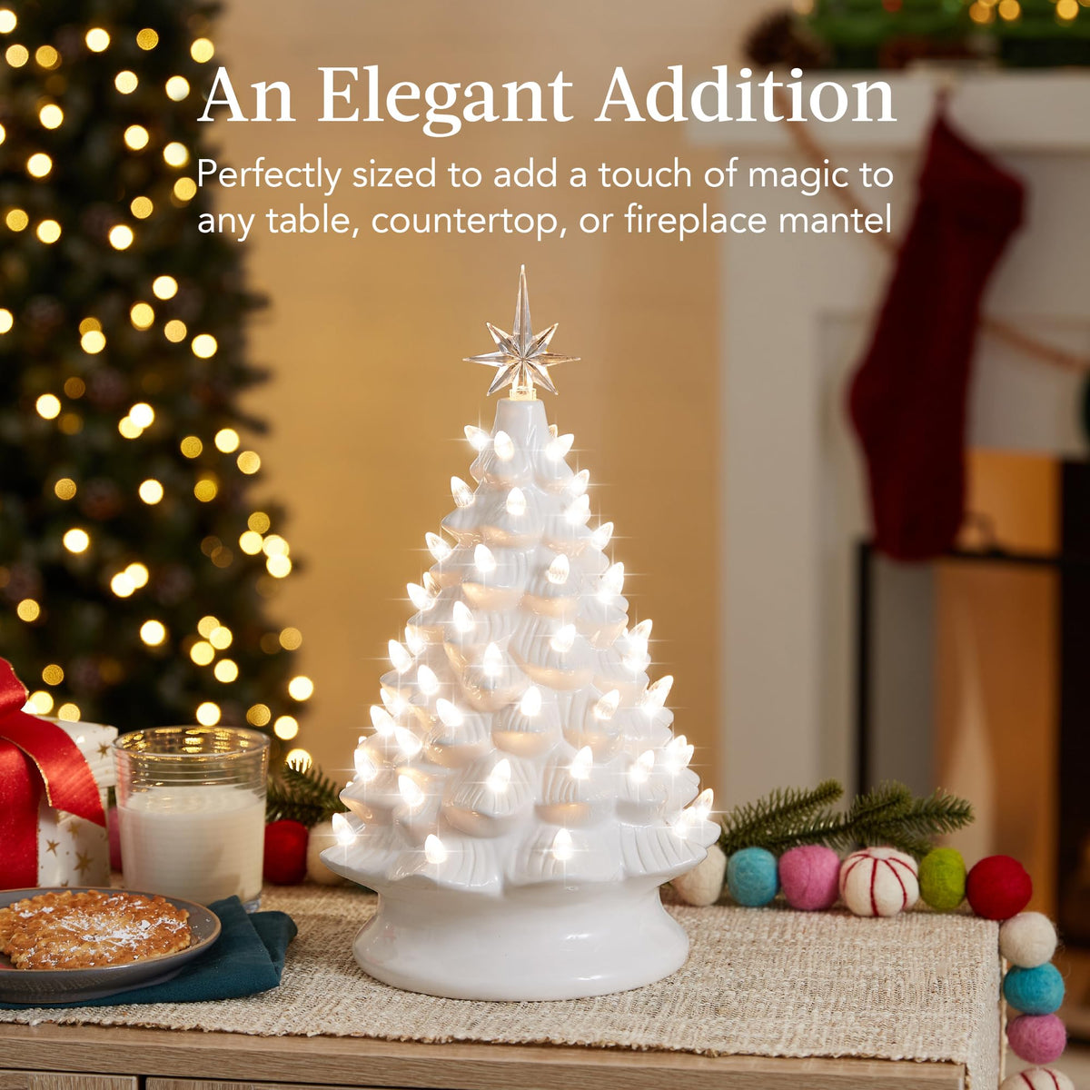 15in Ceramic Christmas Tree, Pre-lit Hand-Painted Tabletop Holiday Tree, Star Topper, 64 Lights