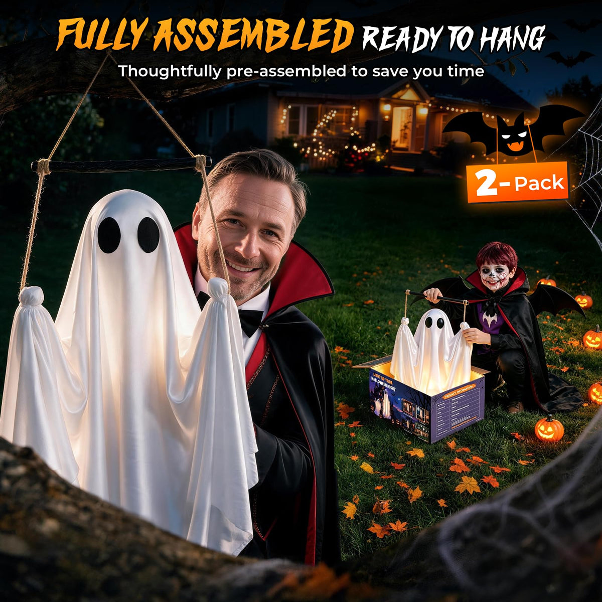 2 Pack 5FT Hanging Halloween Ghosts with Remote & 8 Mode
