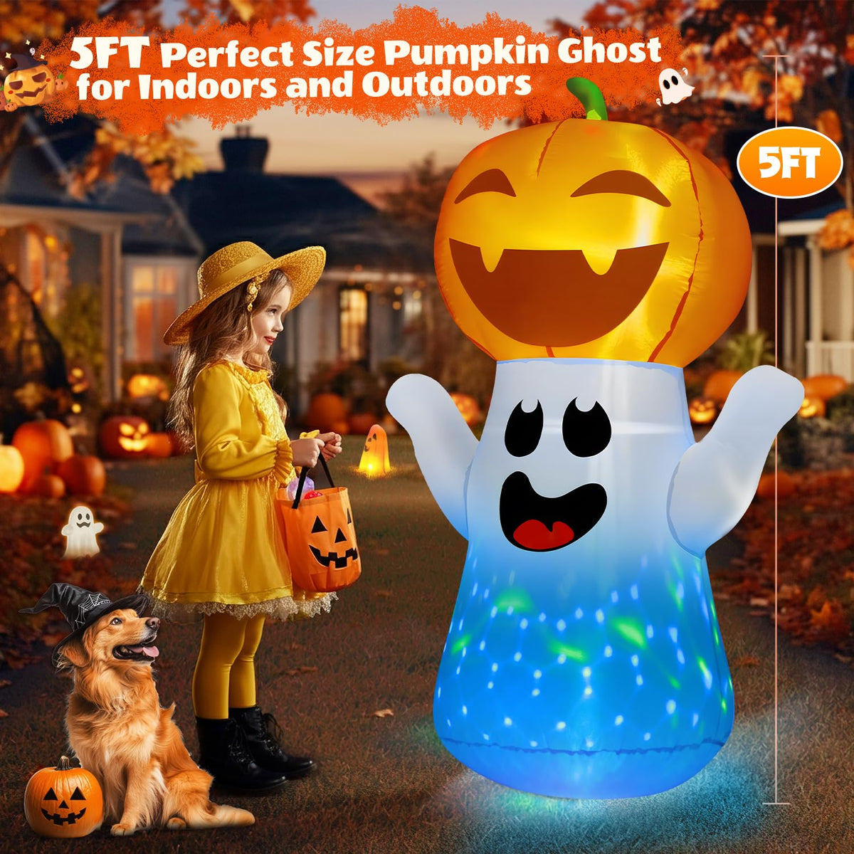 5FT Halloween Inflatable Pumpkin Ghost with Flashing Light