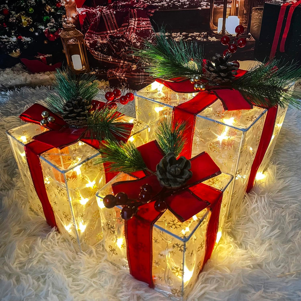 Christmas Decorations Indoor: Set of 3 Christmas Lighted Gift Boxes